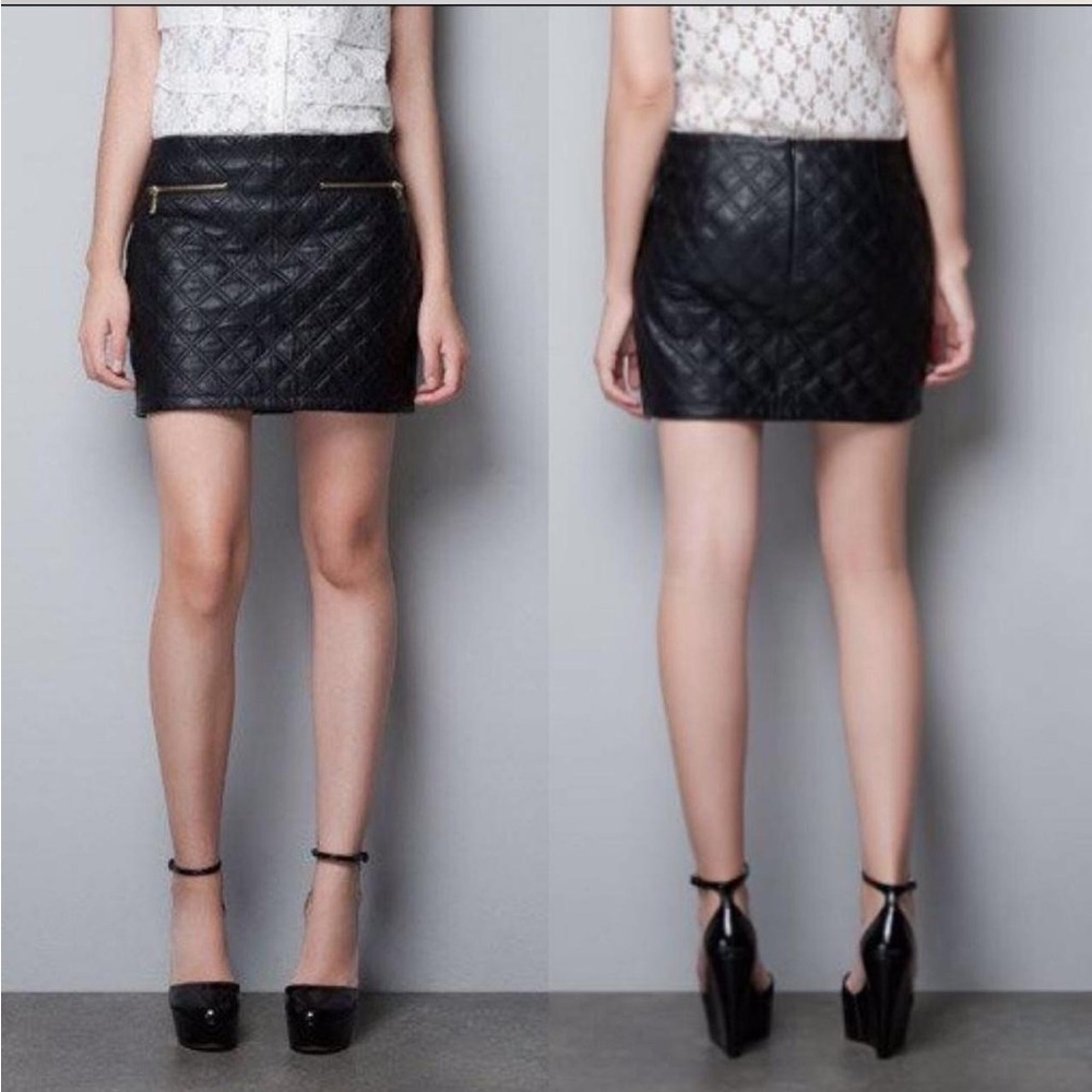 Zara faux leather Black Quilted mini Skirt grunge party club dance minimalist L
